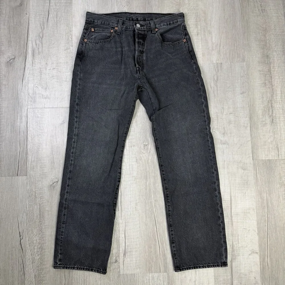 Levis Jeans Mens 33x32 Black 501 Straight Button Fly Western Distressed Denim N - Picture 2 of 13